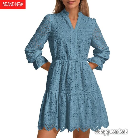 Dresses & Skirts - Long Puff Sleeve Mini Dress Lace V Neck A Line Ruffle Casual Party